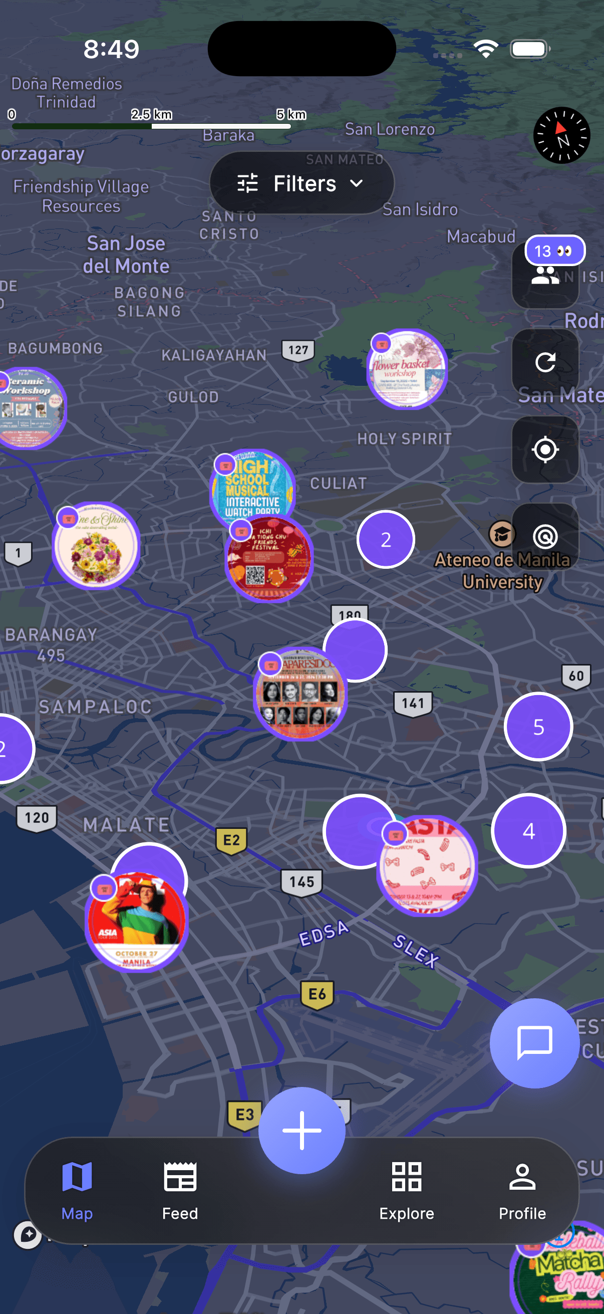 The HangHut map of Metro Manila with event posters pinned across Quezon City, Malate and Makati