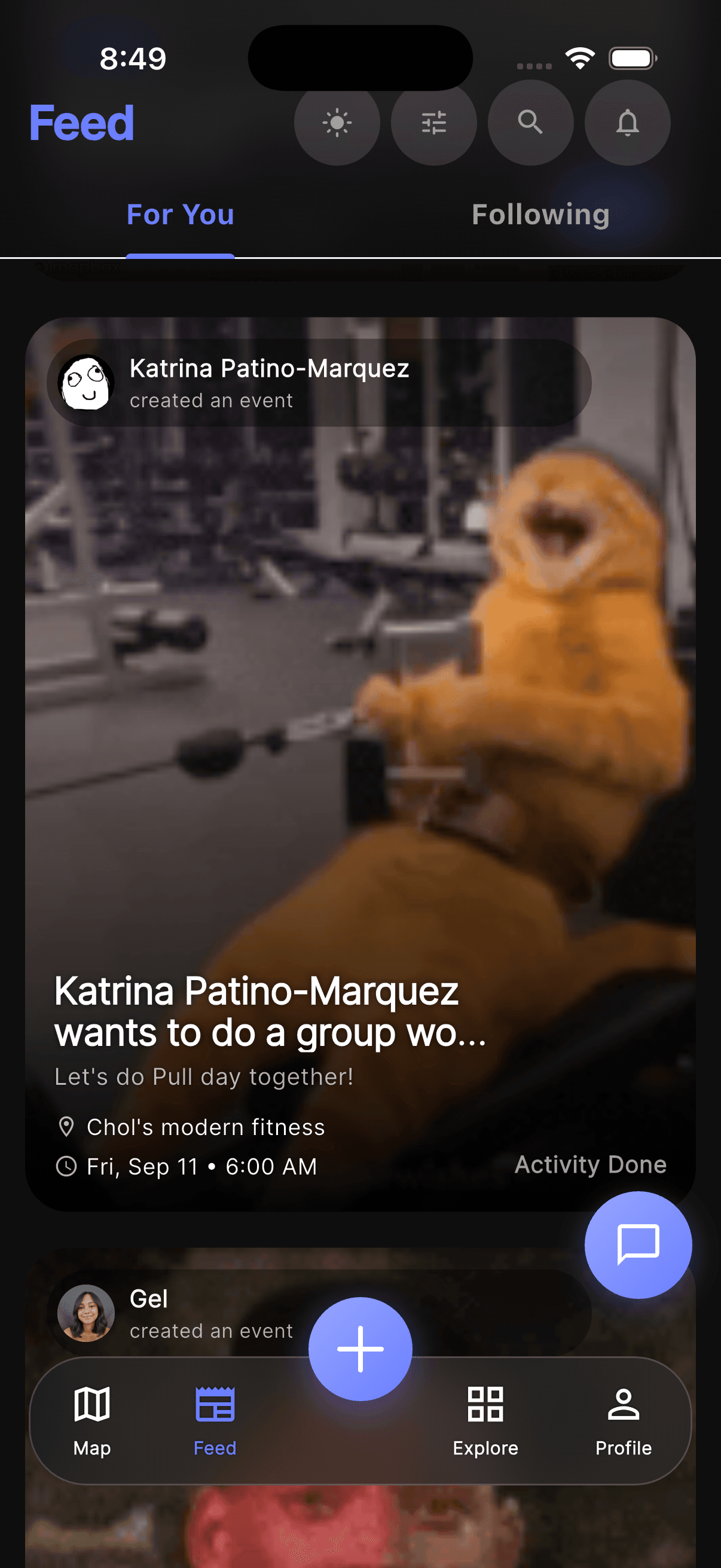 The Feed tab with For You and Following, showing posts from people who created events and hangouts